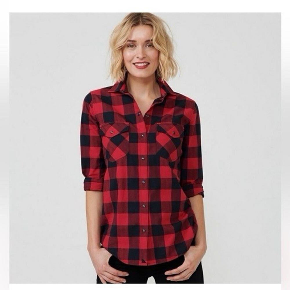 UNTUCKit Shirt Womens Sz 2 Long Sleeve Red & Black Plaid Cottagecore Button Up